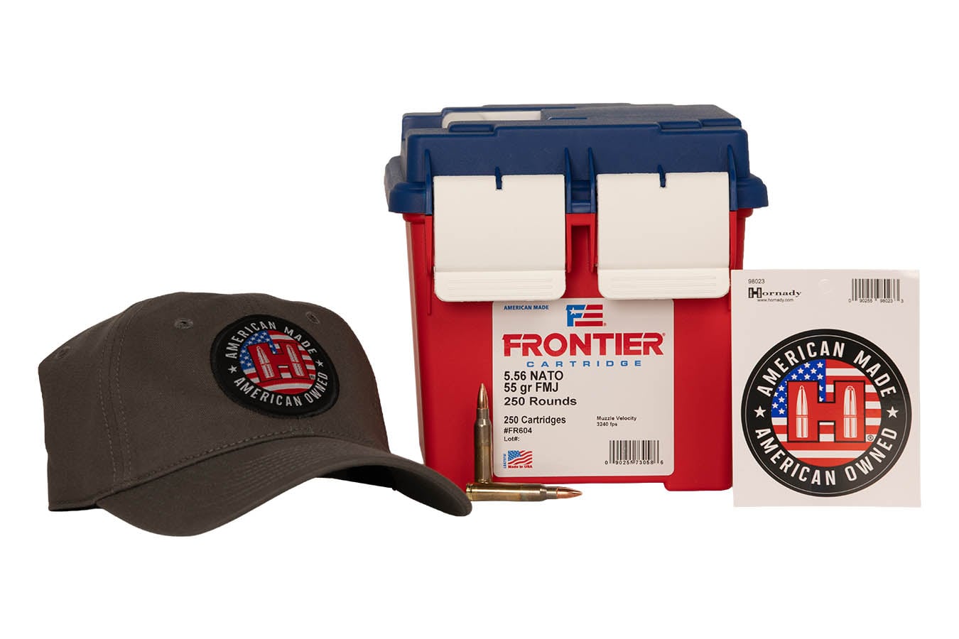 HORNADY 5.56mm 55gr FMJ Frontier Anniversary Bundle with Hat and Sticker 250 Rounds in Ammo Can
